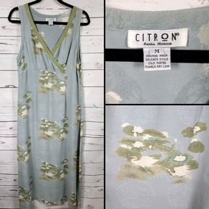Citron Silk Dress Textured Cranes